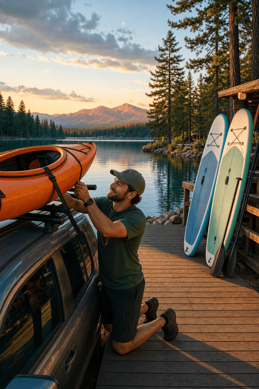 Employee adjusting kayak straps on a dock at golden hour in Payson, Arizona — behind-the-scenes family business moment