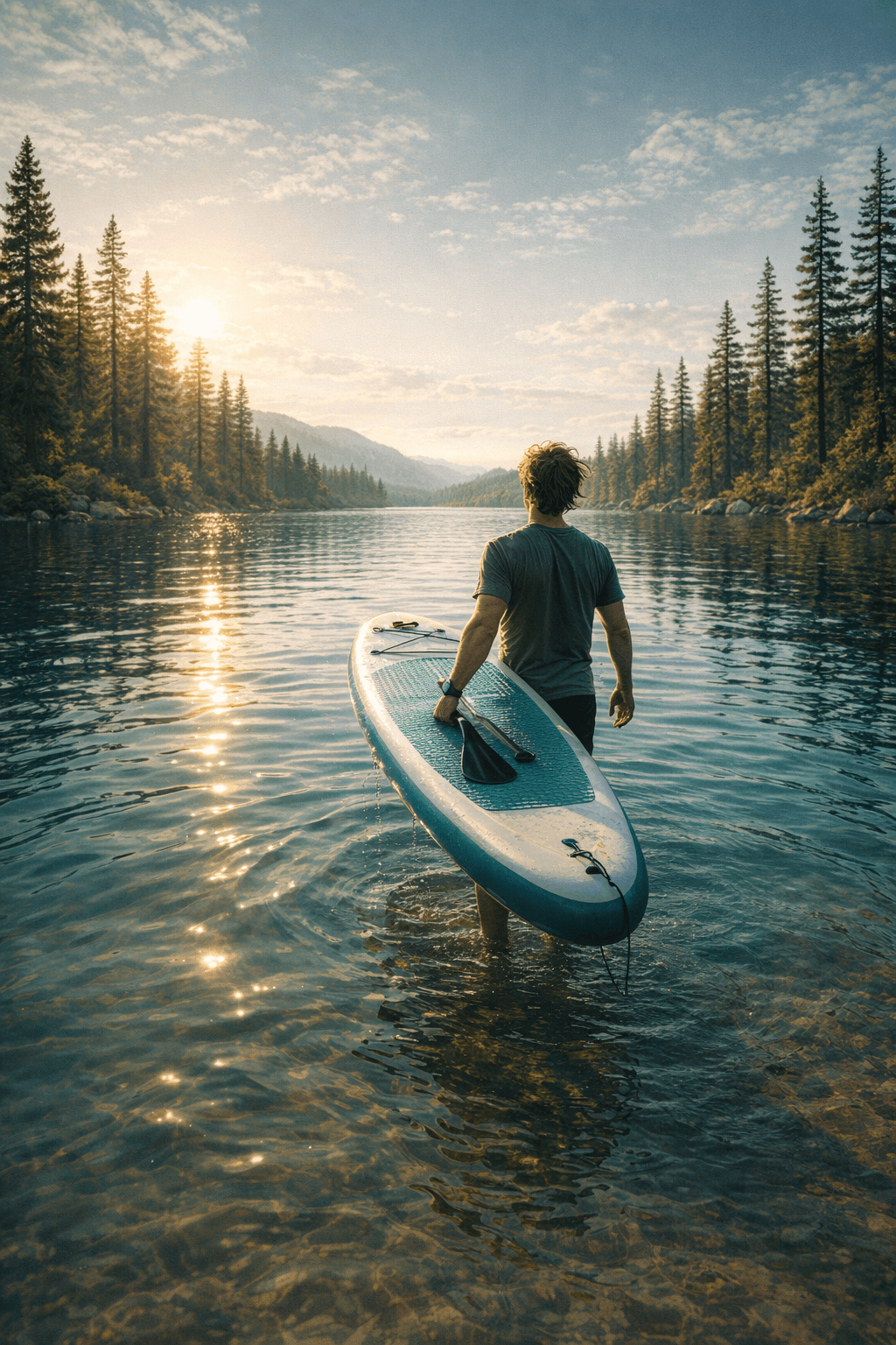 A person lifting a stand-up paddleboard at a calm pine-lined lake on a sunny Saturday morning in Arizona