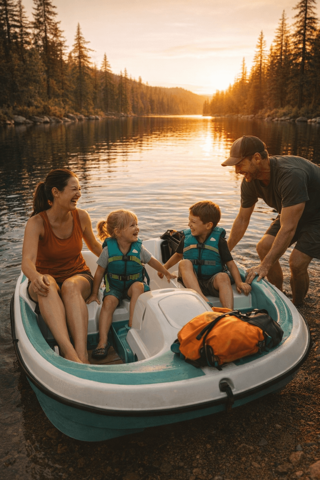 A happy family boarding a pedal boat on a calm lake surrounded by Arizona ponderosa pines in golden hour light