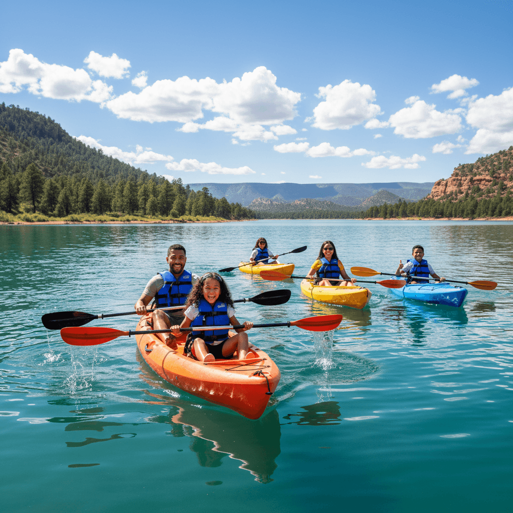 Family kayaking on a serene Arizona lake, enjoying a sunny day