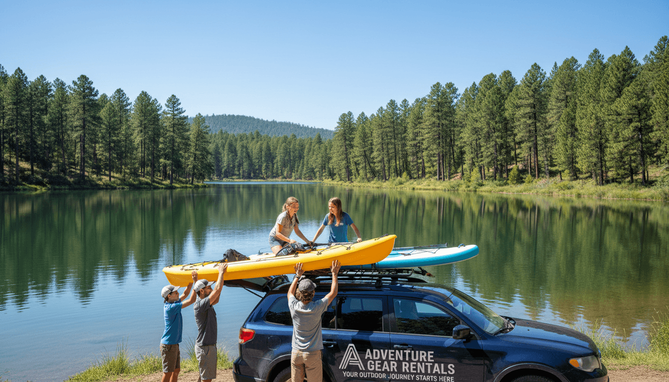 Friends loading a kayak and paddleboard onto a vehicle at a calm Arizona lake surrounded by pine trees on a sunny Monday morning in Payson, Arizona
