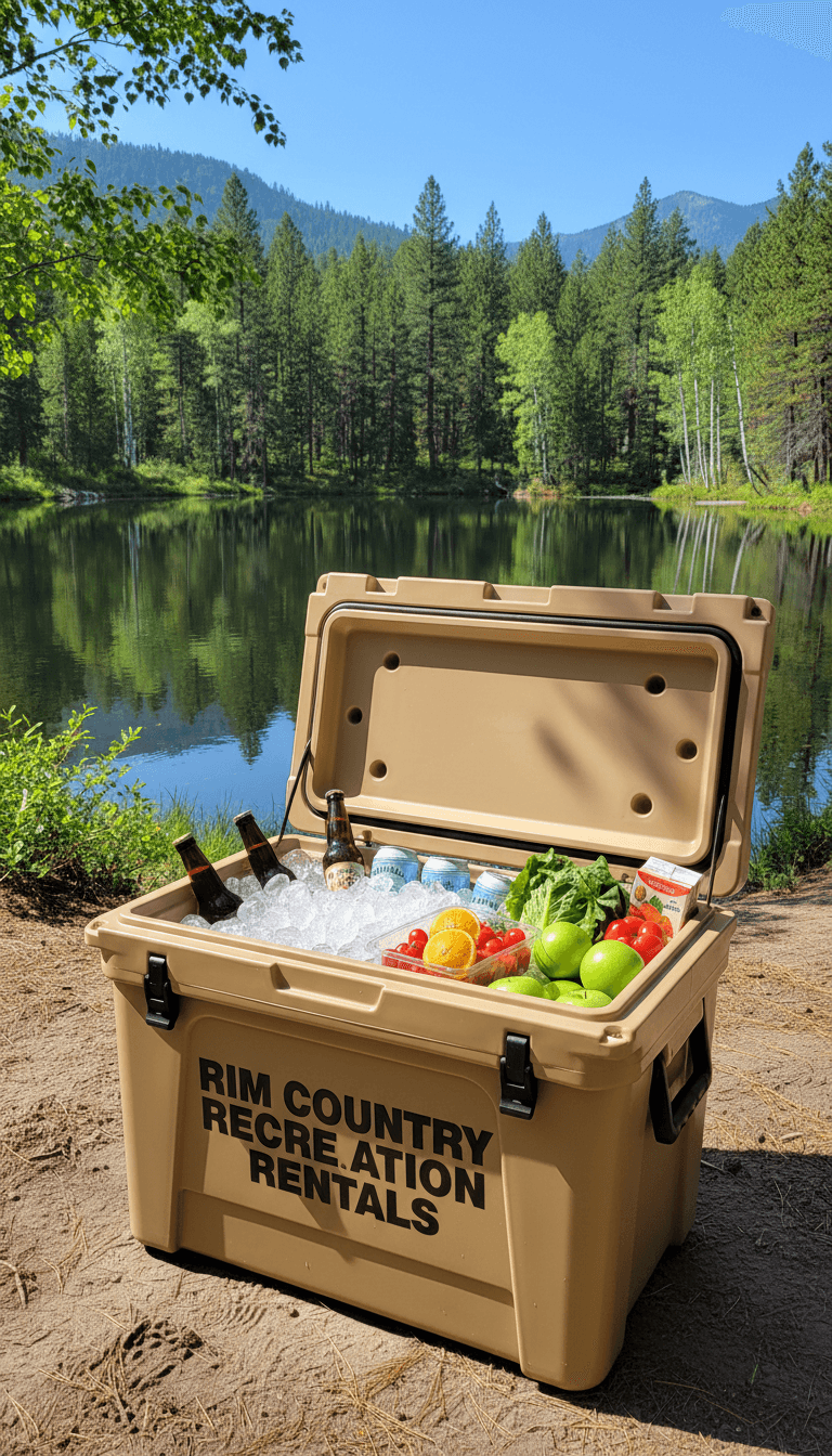 Overhead view of open insulated cooler filled with ice packs, fresh produce, and beverages on white background
