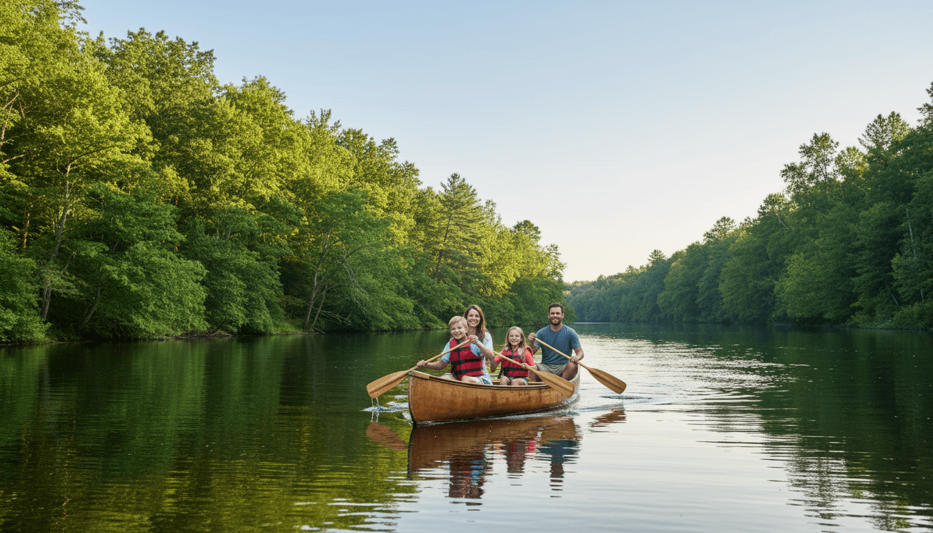 Family paddling canoe together on water