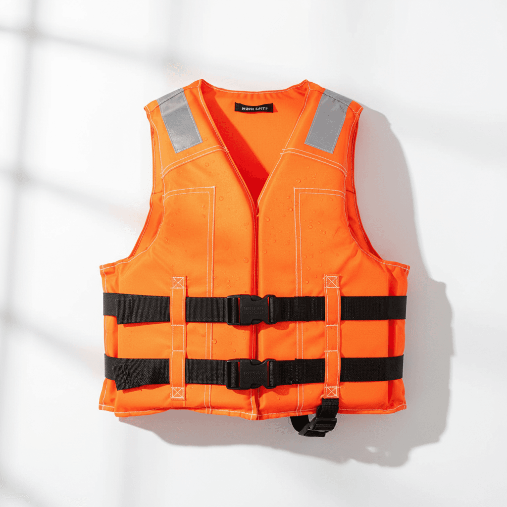 Close-up of orange personal flotation device with reflective strips and safety buckles on white background