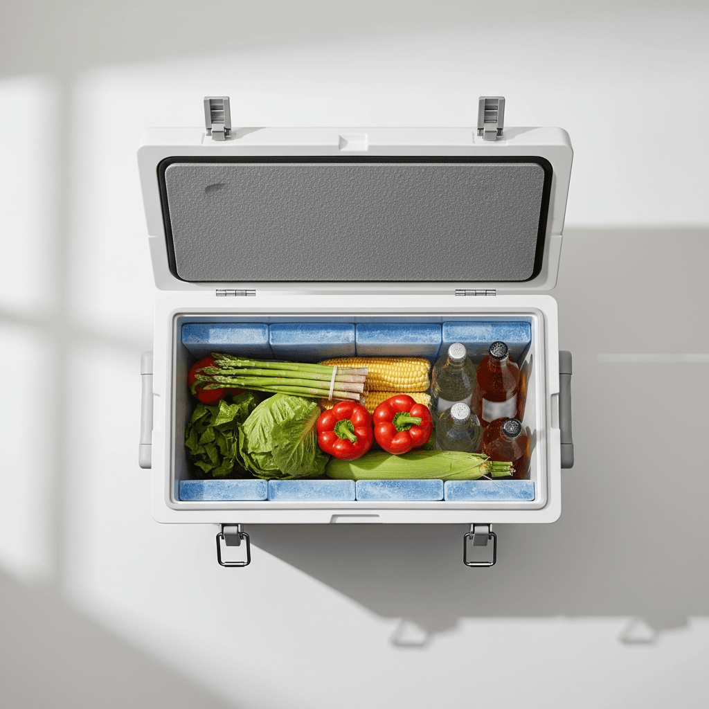 Overhead view of open insulated cooler filled with ice packs, fresh produce, and beverages on white background