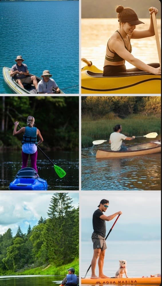 People fishing, canoeing, and paddleboarding on calm waters during various sunny outdoor excursions.